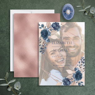 Rose Gold Dusty Pink Navy Floral Geometric Photo Invitation