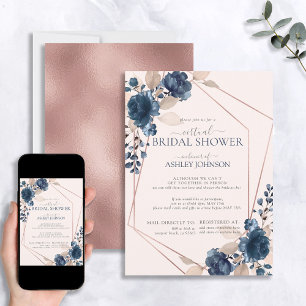 Rose Gold Dusty Pink Navy Floral Virtual Shower Invitation