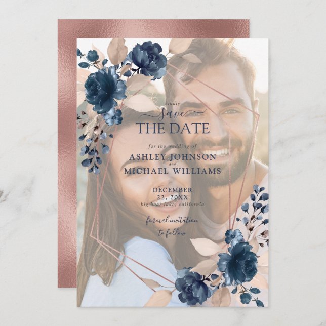 Rose Gold Dusty Pink Navy Photo Save the Date (Front/Back)