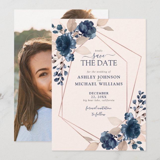 Rose Gold Dusty Pink Navy Photo Save the Date (Front/Back)