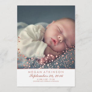 Rose Gold Effect Baby's Breath Baby Photo Birth Announcement