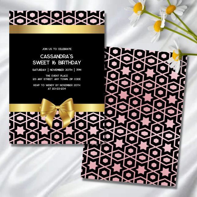 Rose Gold Egypt Geometric Gold Bow 16th Birthday Invitation (Creator Uploaded)