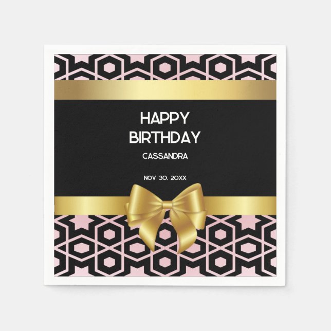 Rose Gold Egypt Geometric Gold Bow Happy Birthday Napkin (Front)
