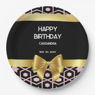 Rose Gold Egypt Geometric Gold Bow Happy Birthday Paper Plate