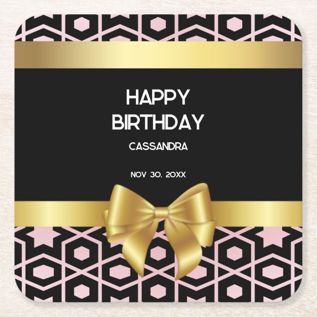Rose Gold Egypt Geometric Gold Bow Happy Birthday Square Paper Coaster (Front)
