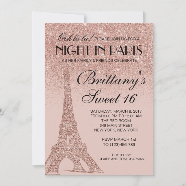 Rose Gold Eiffel Tower Paris Sweet 16 Invitation (Front)