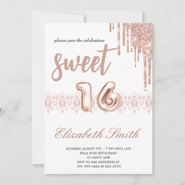 Rose gold elegance,  rose gold sweet sixteen    invitation (Front)