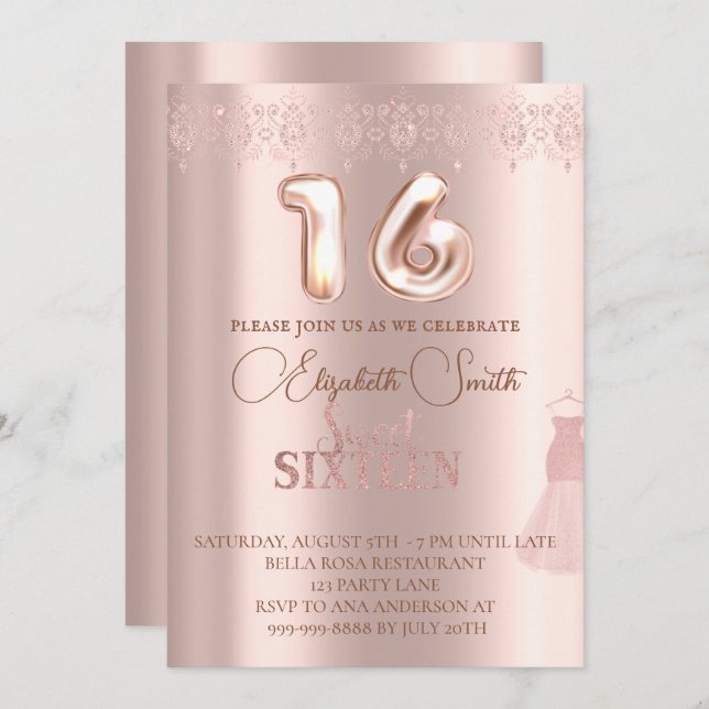 Rose gold elegance, sweet sixteen invitation (Front/Back)