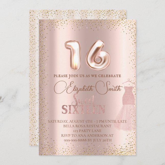 Rose gold elegance, sweet sixteen invitation (Front/Back)