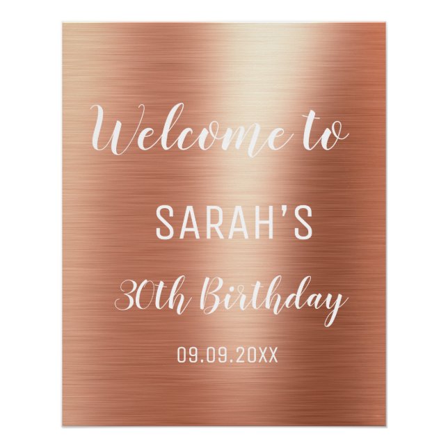Rose Gold Elegant Any Age 30th Birthday Welcome Poster (Front)