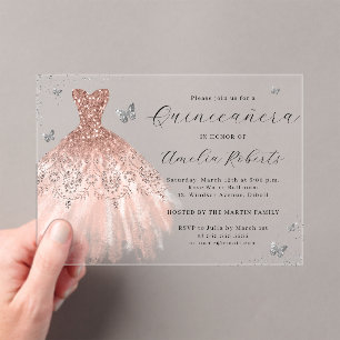 Rose Gold Elegant Butterfly Dress Quinceanera Acrylic Invitations