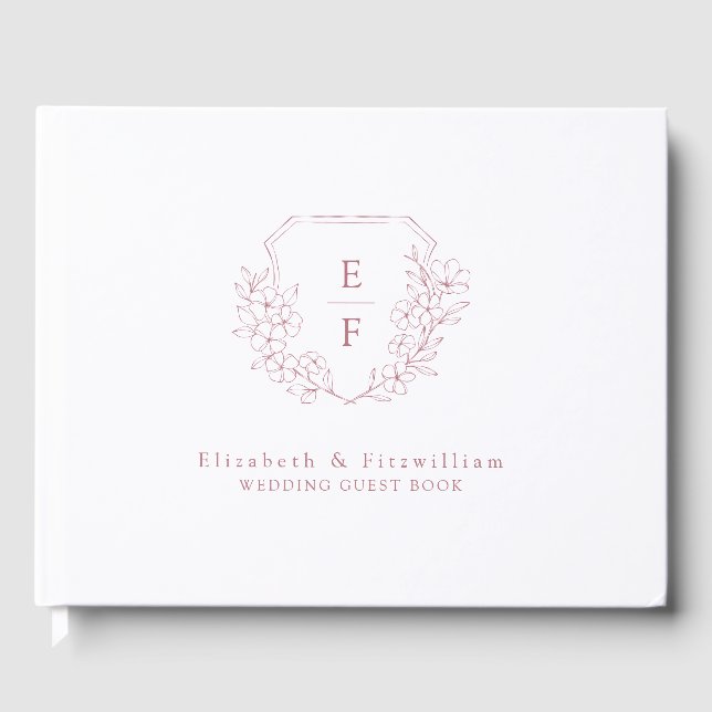 Rose Gold Elegant Cherry Blossom Monogram Crest  Guest Book (Front)