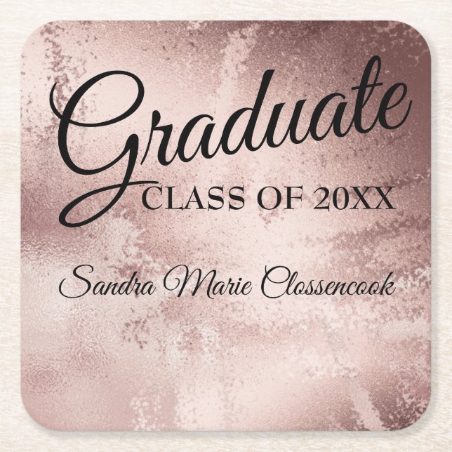 Rose gold elegant chic typography graduation square paper coaster (Front)