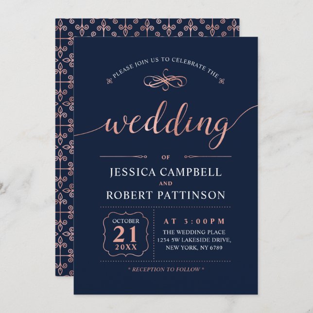 Rose Gold | Elegant Classic Wedding Ceremony Invitation (Front/Back)
