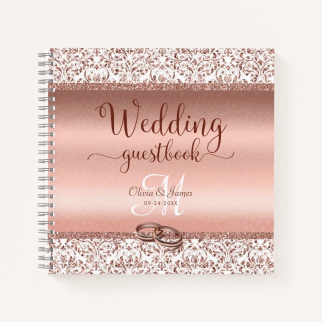 Rose Gold Elegant Damask Wedding Guest Book (Front)
