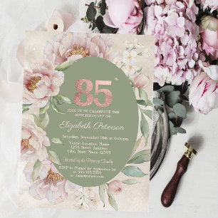 Rose Gold Elegant Flowers Green 85th Birthday  Invitation