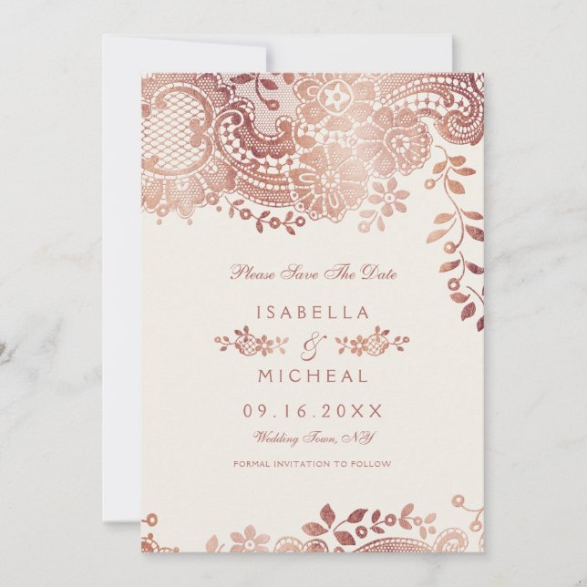 Rose gold elegant lace wedding save the date (Front)