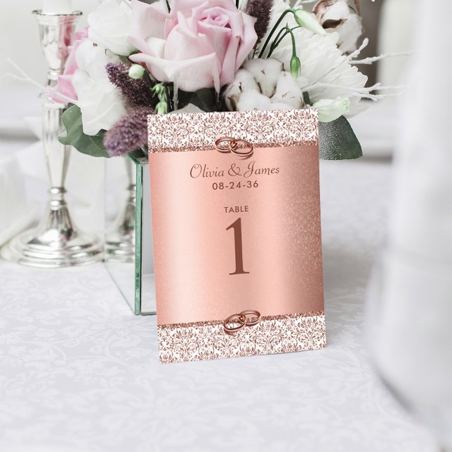 Rose Gold Elegant Metallic Glitter Damask Wedding  Table Number (Creator Uploaded)