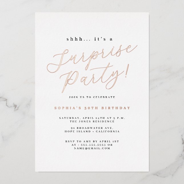 Rose Gold Elegant Script Surprise Party (Front)
