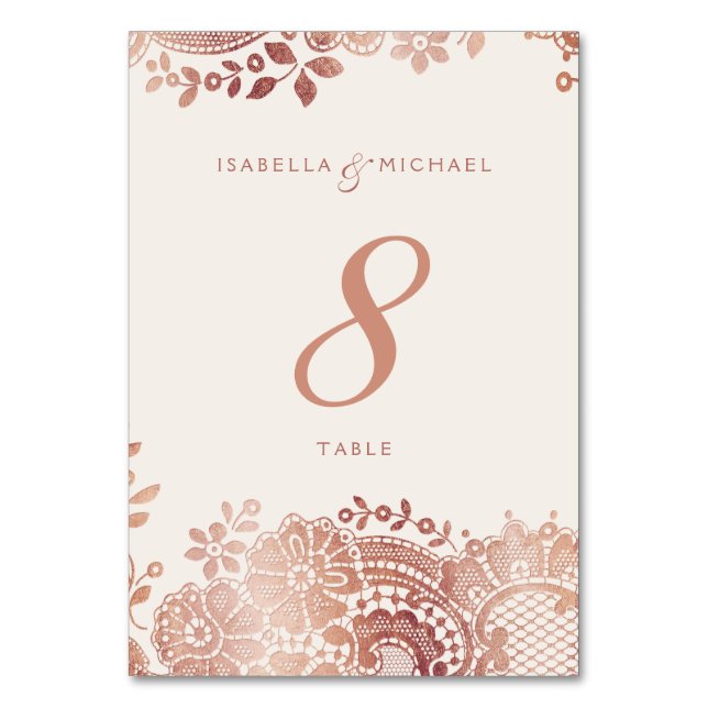 Rose gold elegant vintage lace wedding table card (Front)