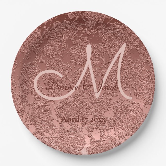 Rose Gold Elegant Wedding Reception Monogram Paper Plate (Front)