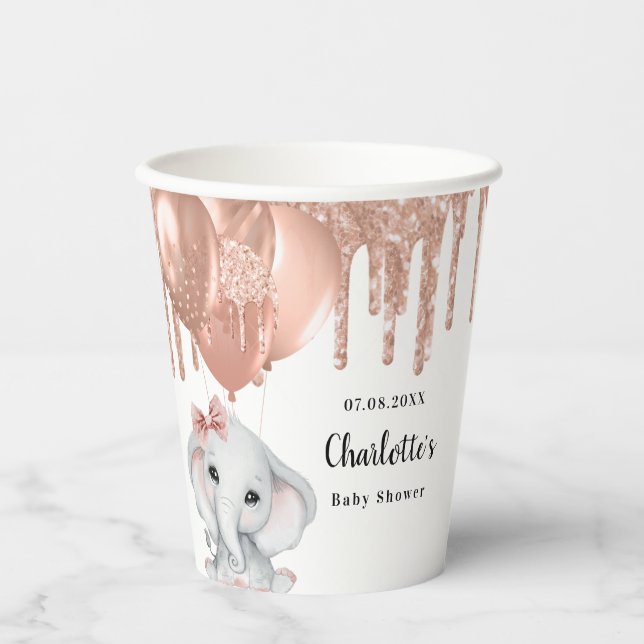 Rose gold elephant girl balloons Baby Shower Paper Cups (Front)
