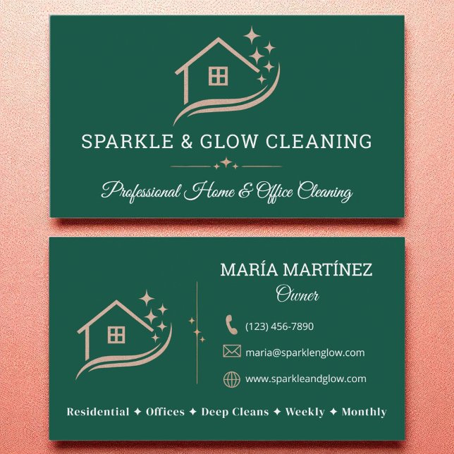 Rose Gold Emerald Green Cleaning Service House Business Card (Creator Uploaded)