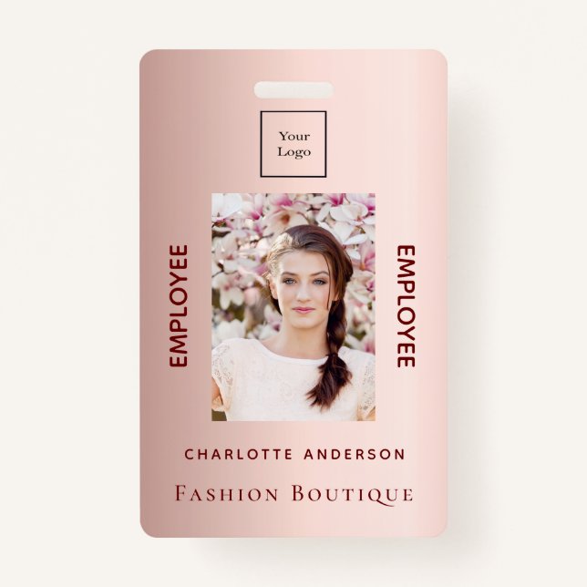 Rose gold employee photo luxurious business logo ID badge (Front)