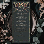 Rose Gold Enchanted Gothic Raven Wedding Flat Menu<br><div class="desc">Elegant and gothic wedding design with ravens and foliage. This design features a black background,  with dark blue ravens and muted green leaves with gold accents. Matching Items in our shop for a complete party theme.</div>