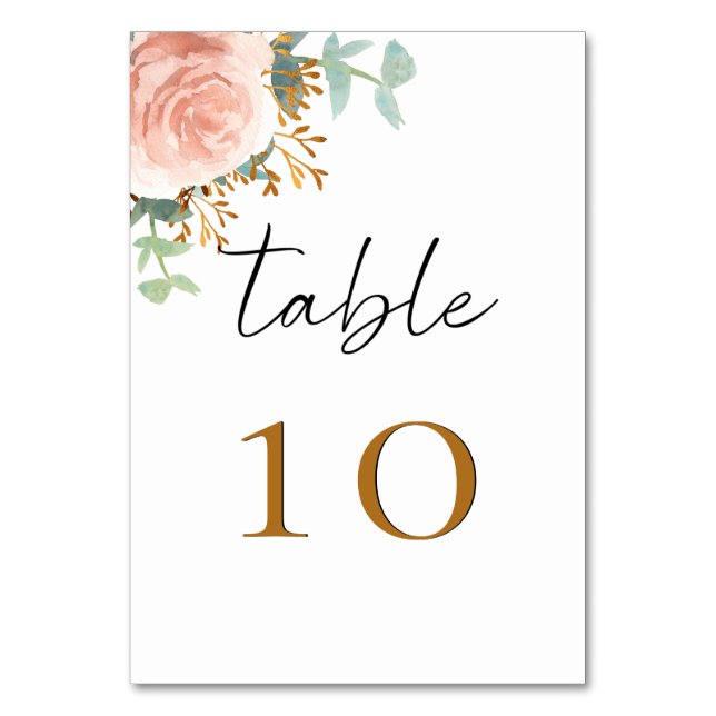 Rose gold eucalyptus greenery floral table number (Front)