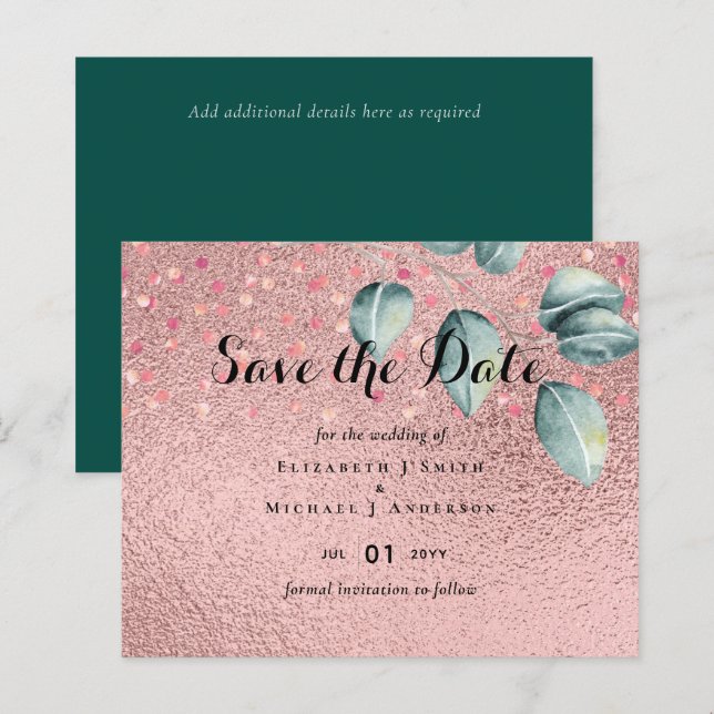 Rose Gold Eucalyptus Leaves Foil Look WEDDING (Front/Back)