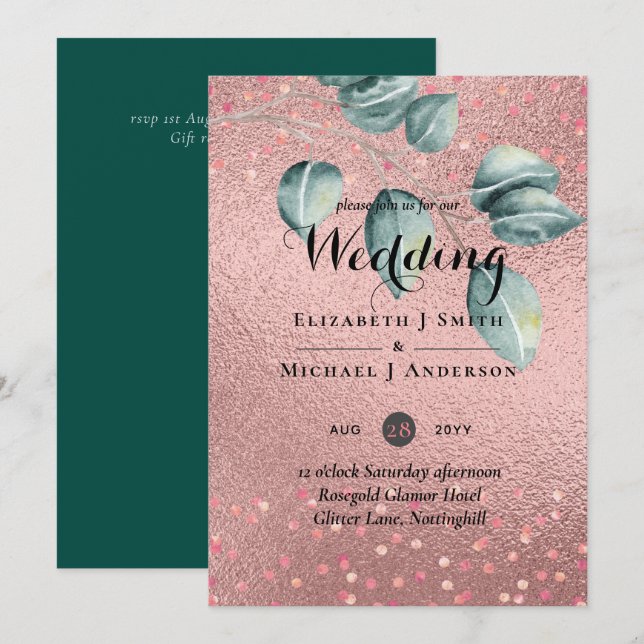Rose Gold Eucalyptus Leaves Foil Look WEDDING (Front/Back)