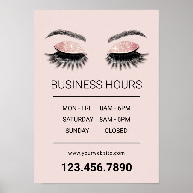 Rose Gold Eyelash Beauty Salon Opening Hours Poster (Front)