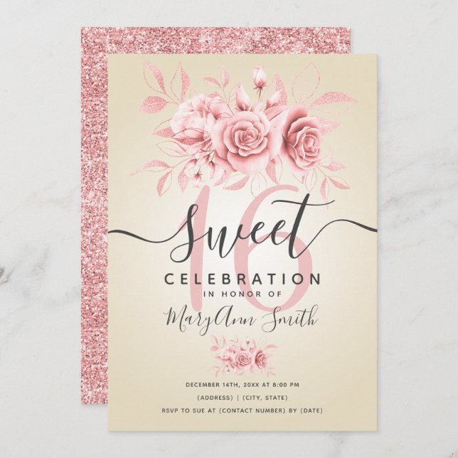 Rose Gold Fab Floral Glitter 16th Birthday Cream  Invitation (Front/Back)