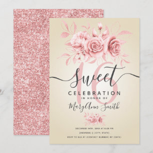 Rose Gold Fab Floral Glitter 16th Birthday Cream  Invitation