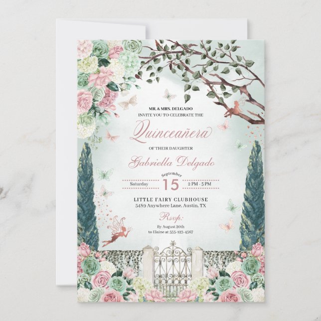 Rose Gold Fairy Enchanted Garden Quinceanera Invitation (Front)