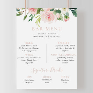 Rose Gold Fall Flowers Wedding Bar Menu  Poster