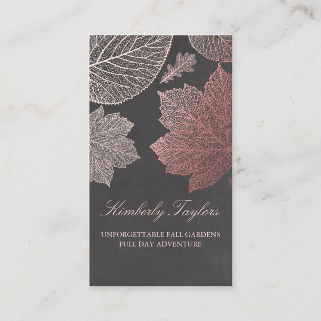 Rose Gold Fall Leaves Elegant Modern Garden Business Card (Front)