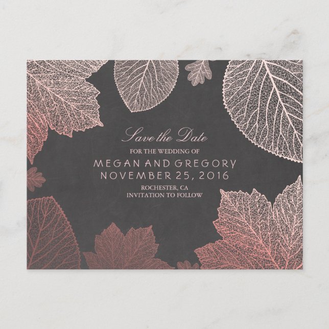 Rose Gold Fall Leaves Elegant Save the Date Announcement Postcard (Front)