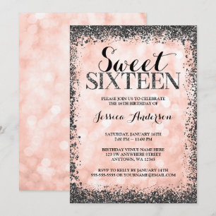 Rose Gold Faux Black Glitter Lights Sweet 16 Invitation