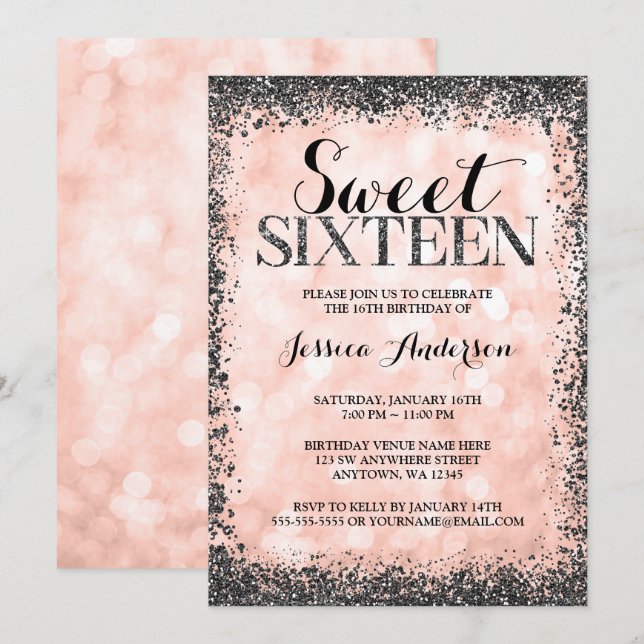 Rose Gold Faux Black Glitter Lights Sweet 16 Invitation (Front/Back)