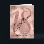 Rose Gold Faux Foil 18th Birthday Card<br><div class="desc">Chic,  trendy 18th birthday card. Design features rose gold sparkly background and brush stroke in brighter rose gold color,  number 18 and typography script eighteen in bold black lettering. Personalize with your message inside and name on the front of the card.</div>
