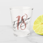 Rose Gold Faux Foil 18th Birthday Shot Glass<br><div class="desc">Rose Gold Faux Foil Eighteen Birthday Shot Glass. Design features rose gold faux foil brush stroke,  number 18 and typography script eighteen. Personalize with a name. Perfect as a gift for 18th birthday.</div>