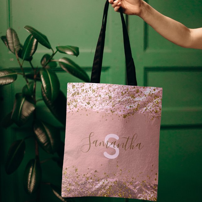 Rose Gold Faux Foil Glitter Pink Monogram Name Tote Bag (Creator Uploaded)