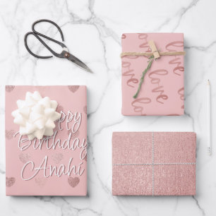 Rose Gold Faux Foil Hearts Love Script   Pink Wrapping Paper Sheet