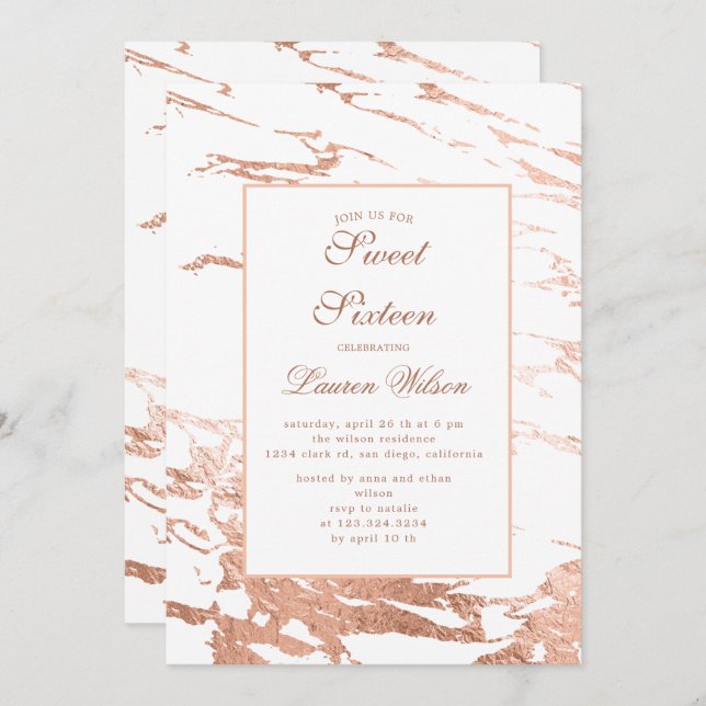 rose gold faux foil marble Quinceanera Invitation (Front/Back)