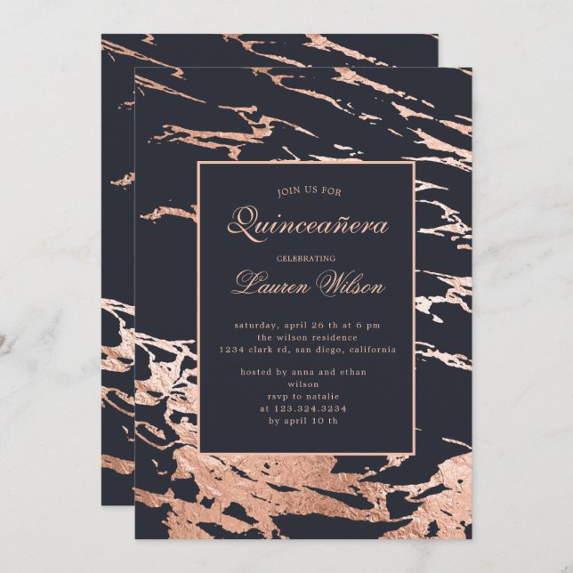 rose gold faux foil marble Quinceanera Invitation (Front/Back)