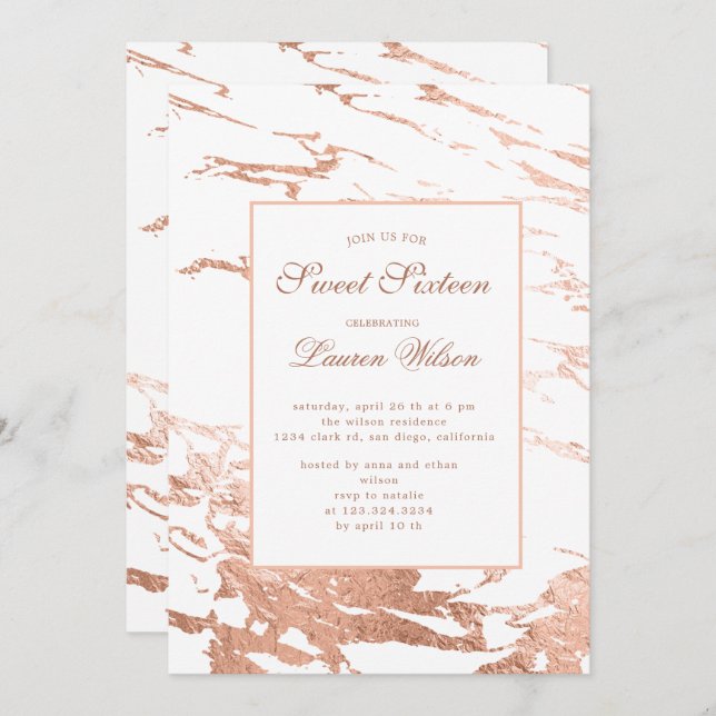 rose gold faux foil marble Sweet Sixteen Invitatio Invitation (Front/Back)