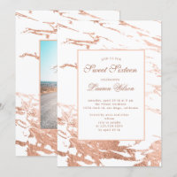 rose gold faux foil marble Sweet Sixteen Invitatio
