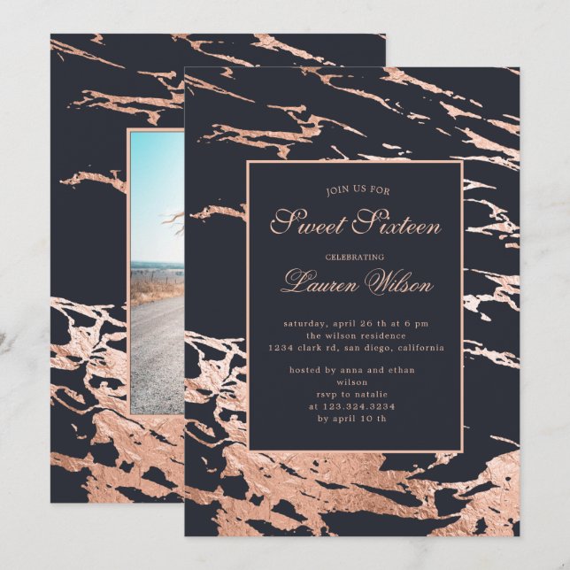 rose gold faux foil marble Sweet Sixteen Invitation (Front/Back)